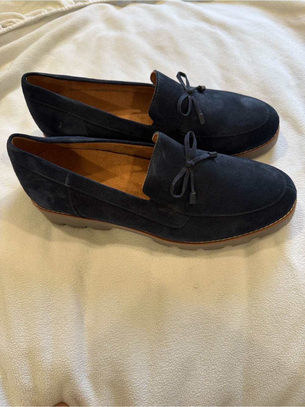 Women’s Vionic Finley Navy Suede Loafers with Bow Accent and lug sole